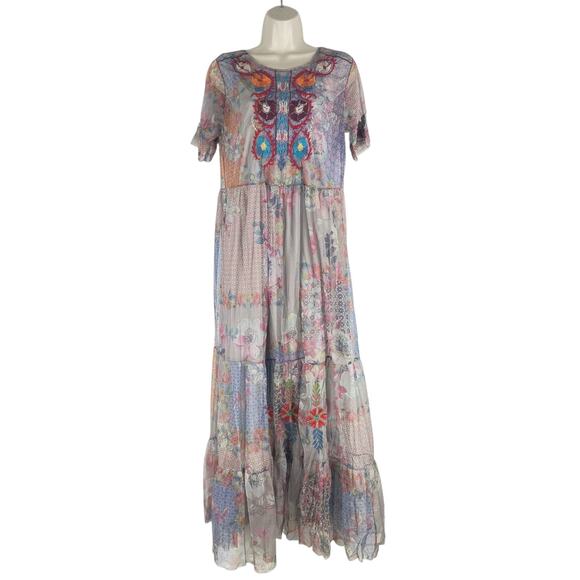 Johnny Was BIYA Kandence Tiered Mesh Dress Floral Embroidery Size M - Picture 2 of 11